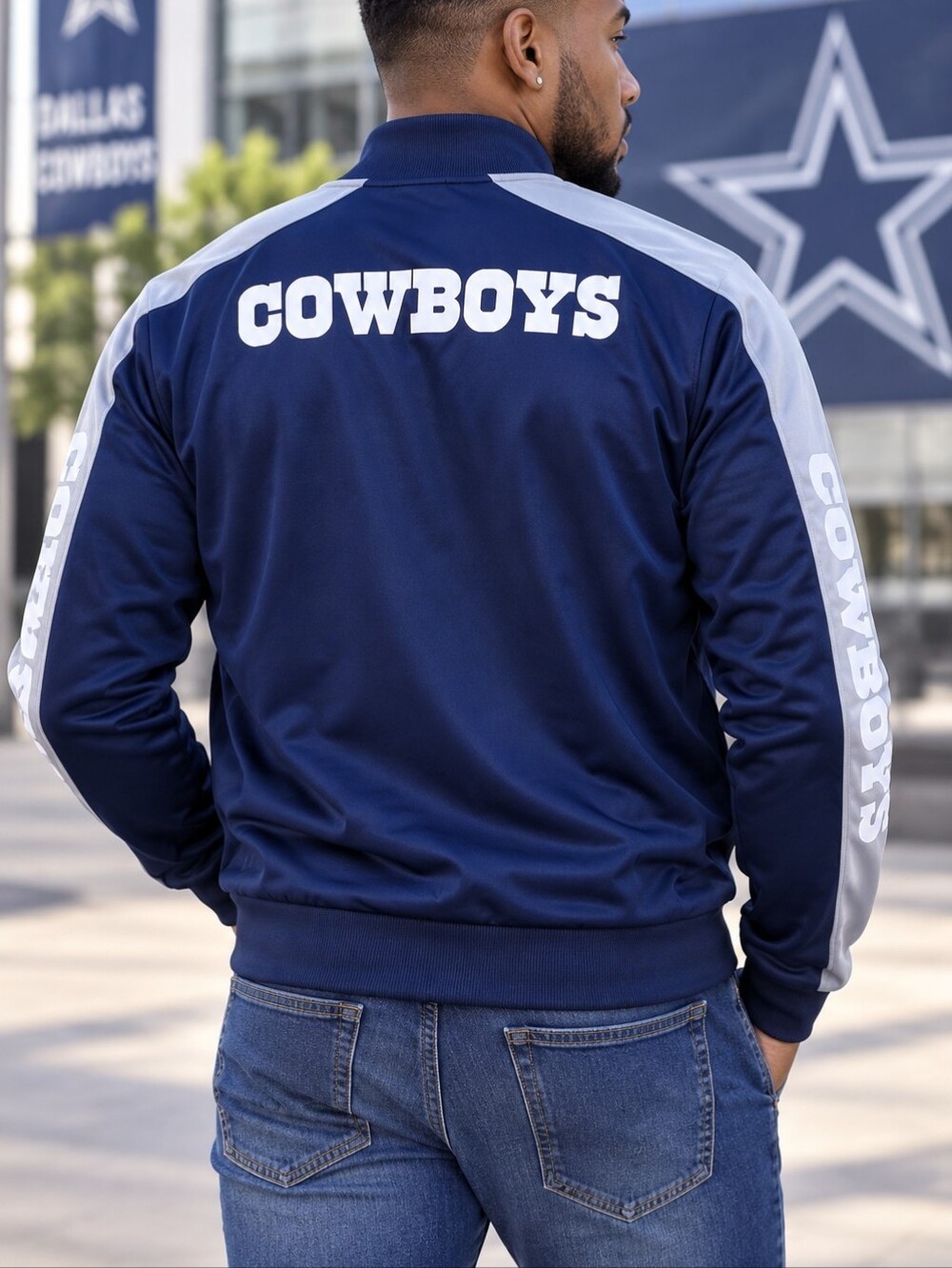 Dallas Cowboys NFL Men’s Large Navy Gray Track Jacket Full Zip NWT -U